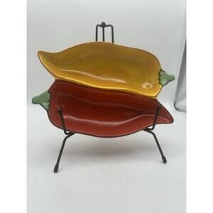Clay Art C.A. Chili Pepper Divided Salsa Dish Ceramic Pepper Shaped Serving Tray